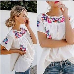See And Be Seen Floral Embroidered Boho Cotton Gauze Blouse Cream Ivory Large